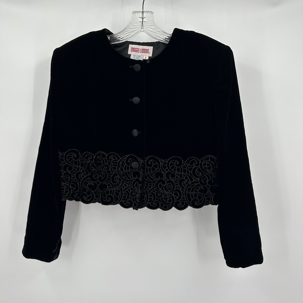 Womens Vintage Regency Black Velvet Cropped Jacket Size 8 Goth Romantic Evening